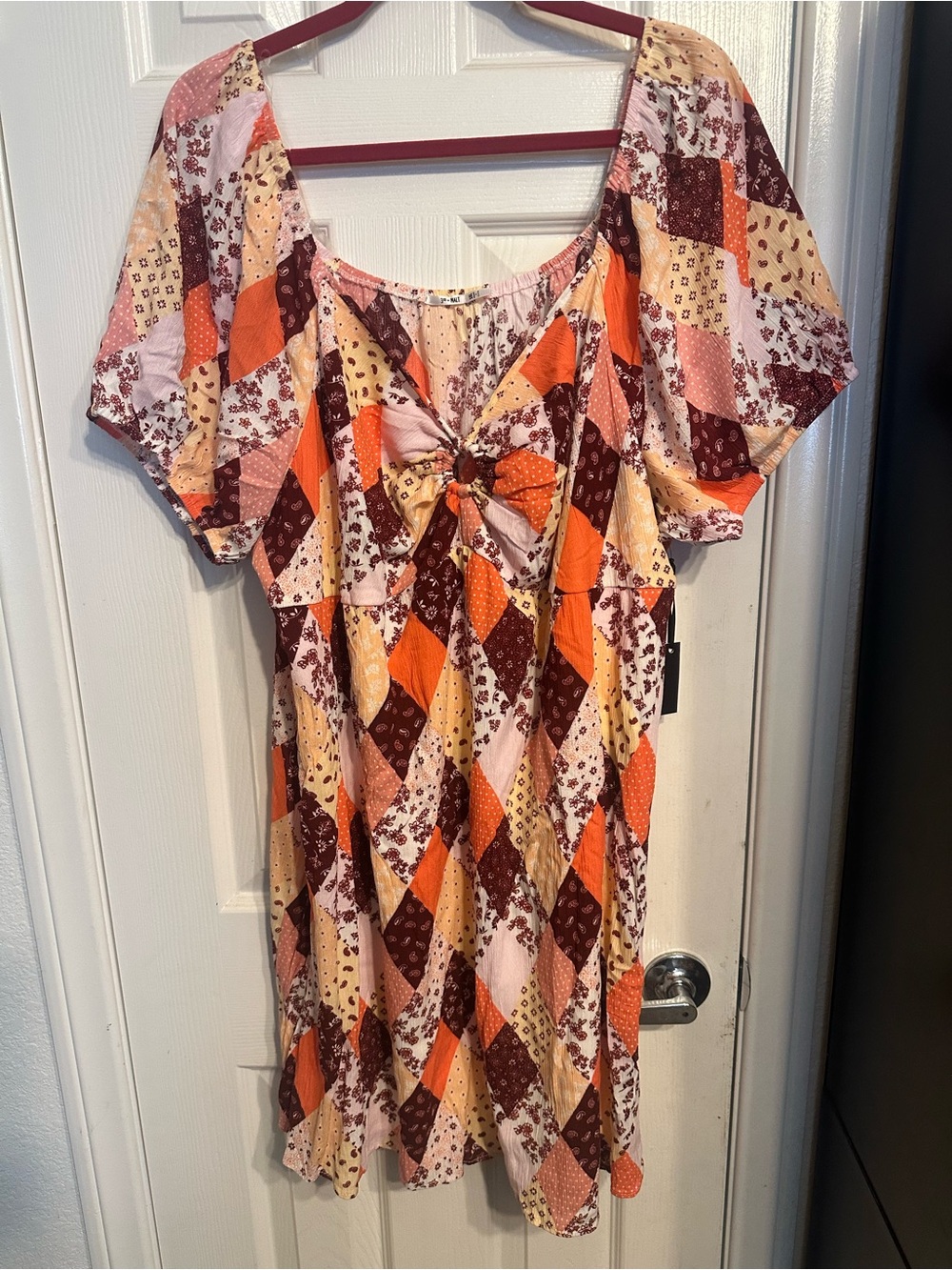 Boho Tie-Front Patchwork Midi Dress in Orange and Pink